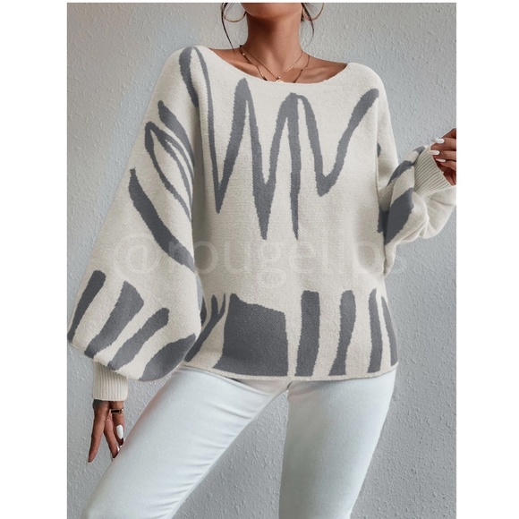 Knit Graphic Pullover Sweater Dirty Beige Grey Bishop Sleeve - Picture 4 of 10